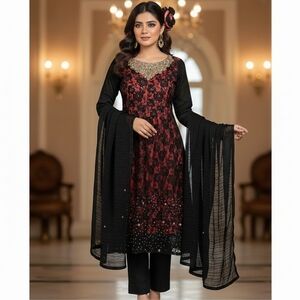 Women's Indian Pakistani 3-Piece Lace Salwar Kameez, Black/Coral